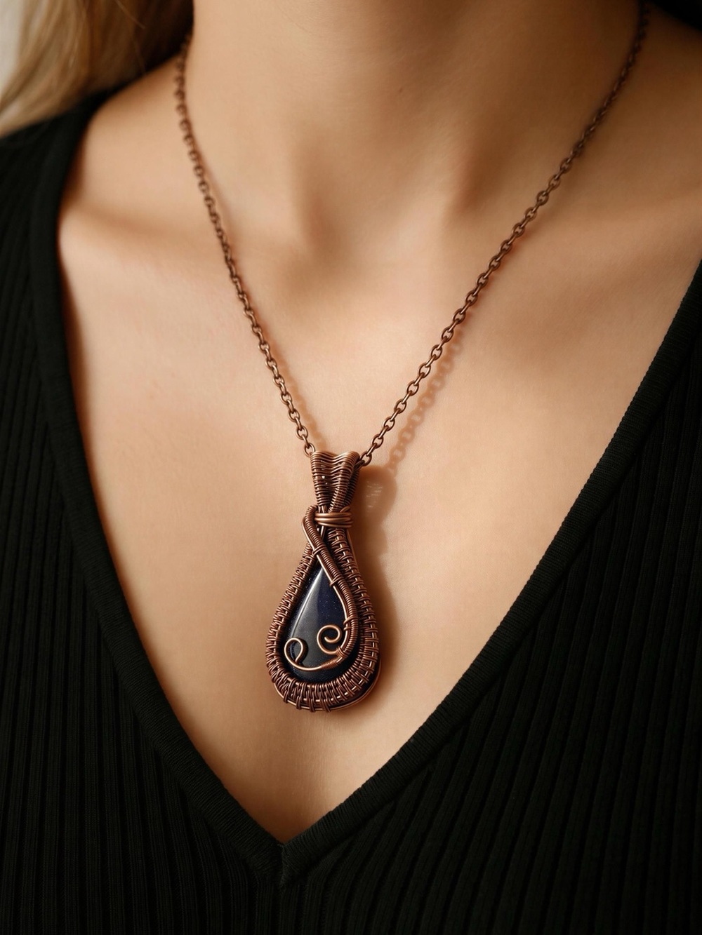 0231 Handmade Copper Wire Wrapped Blue Druzy Teardrop Necklace